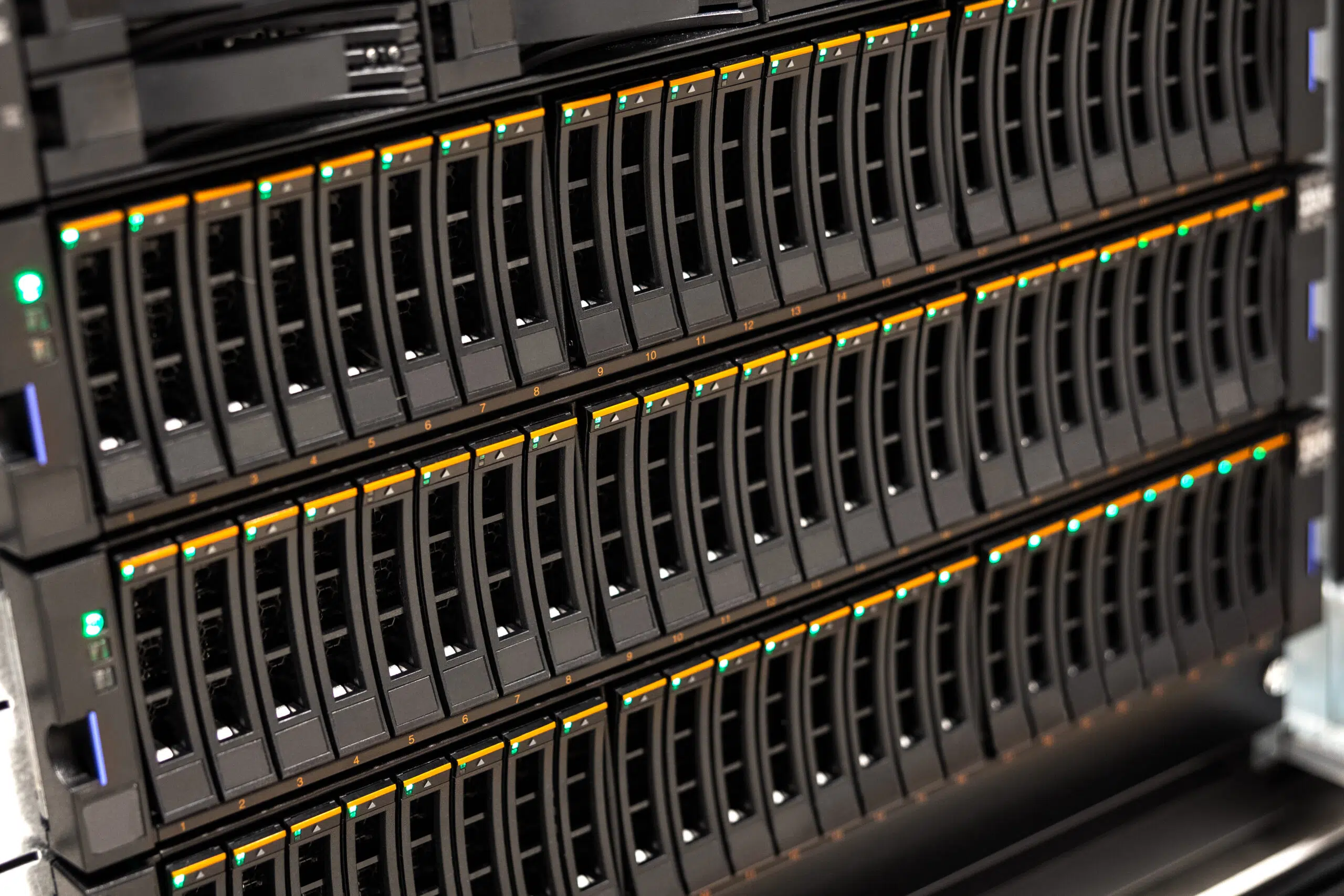 Closeup of large SAN disk cabinet in rack at datacenter